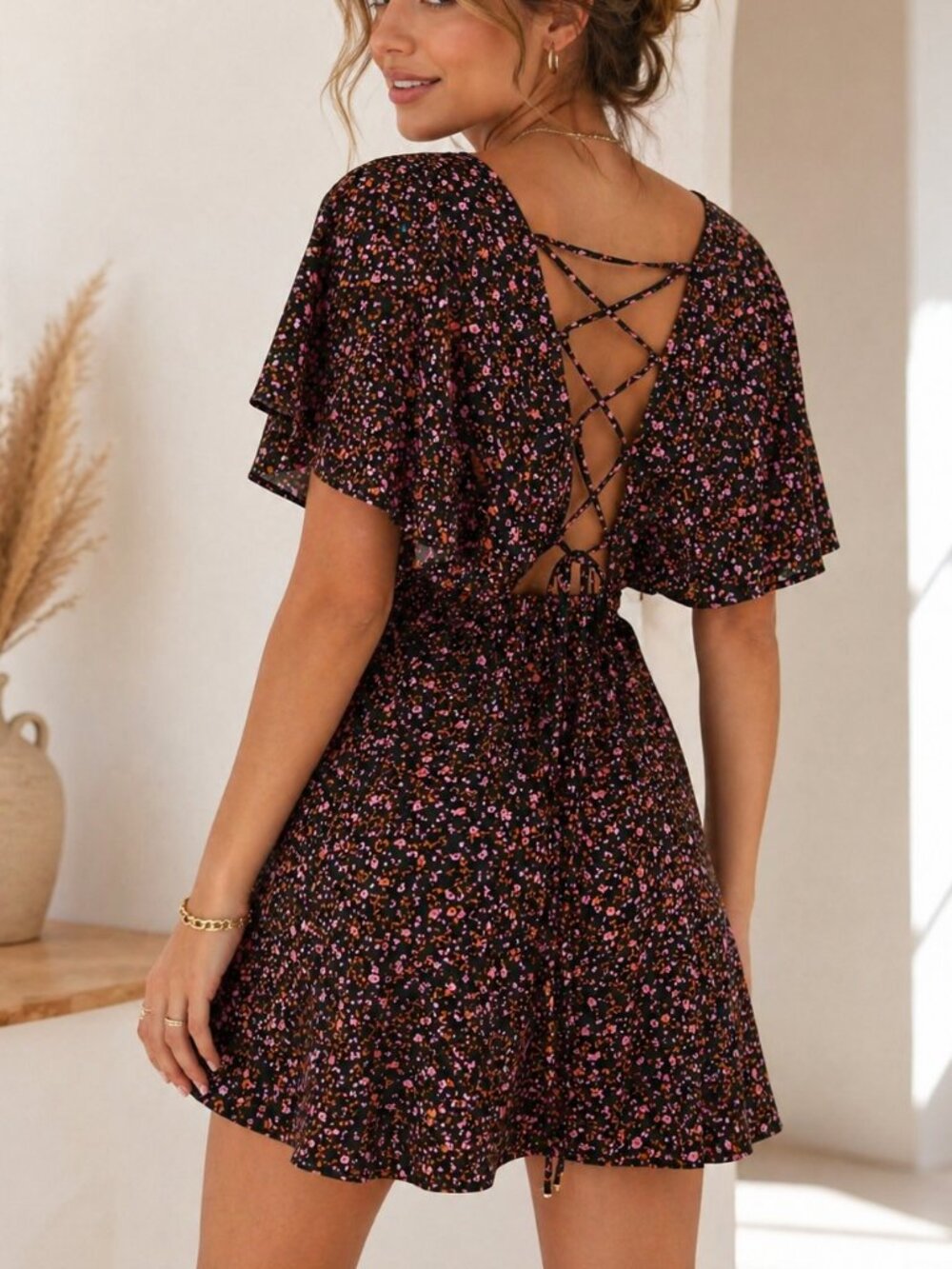 Free People Smocked Florence Mini Dress M Black Floral Boho Lace Up Back Flowy